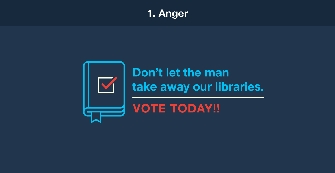 1. Anger. Example: "Don't let the man take away our libraries. Vote today."